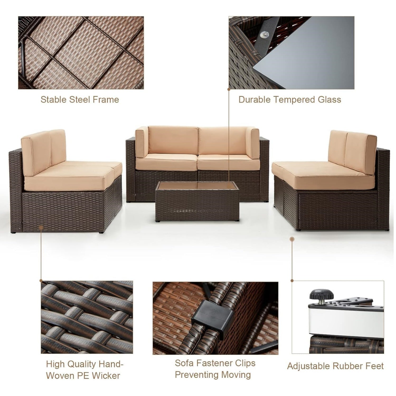 YODOLLA 7 Piece Outdoor Patio Furniture Set with Extra 43 Inch Fire Pit Table, Brown Rattan & Beige Cushion