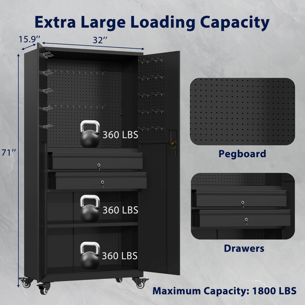YODOLLA 71" Metal Garage Storage Cabinet with Drawers and Wheelbest