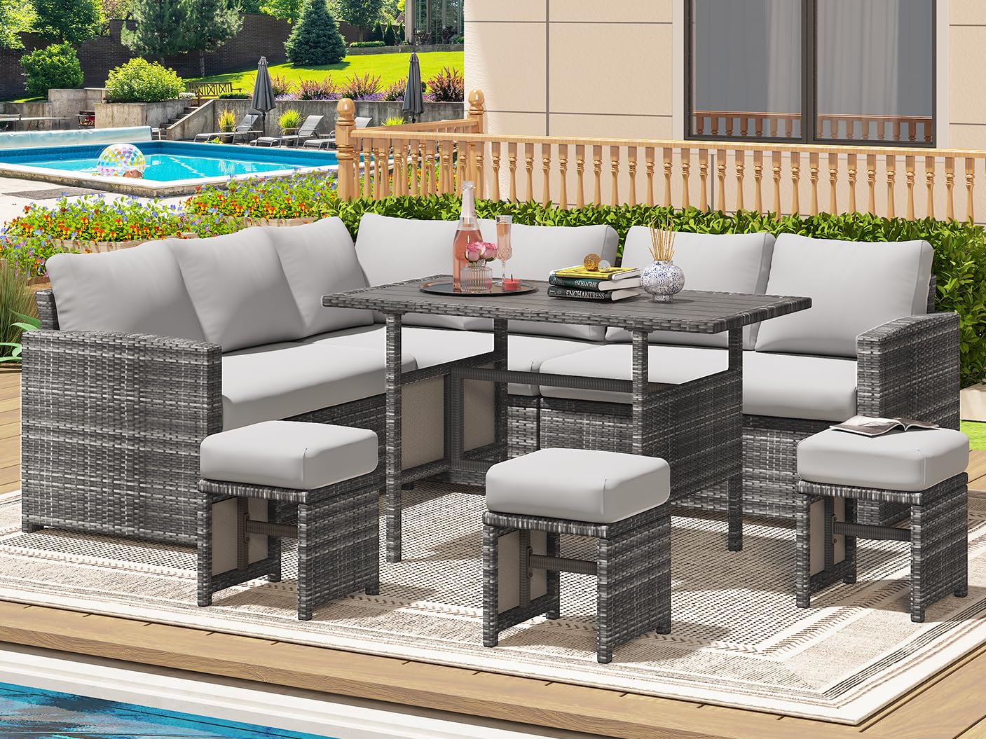 YODOLLA 7 Pieces Outdoor Wicker Rattan Dining Sofa Set, Light Grey