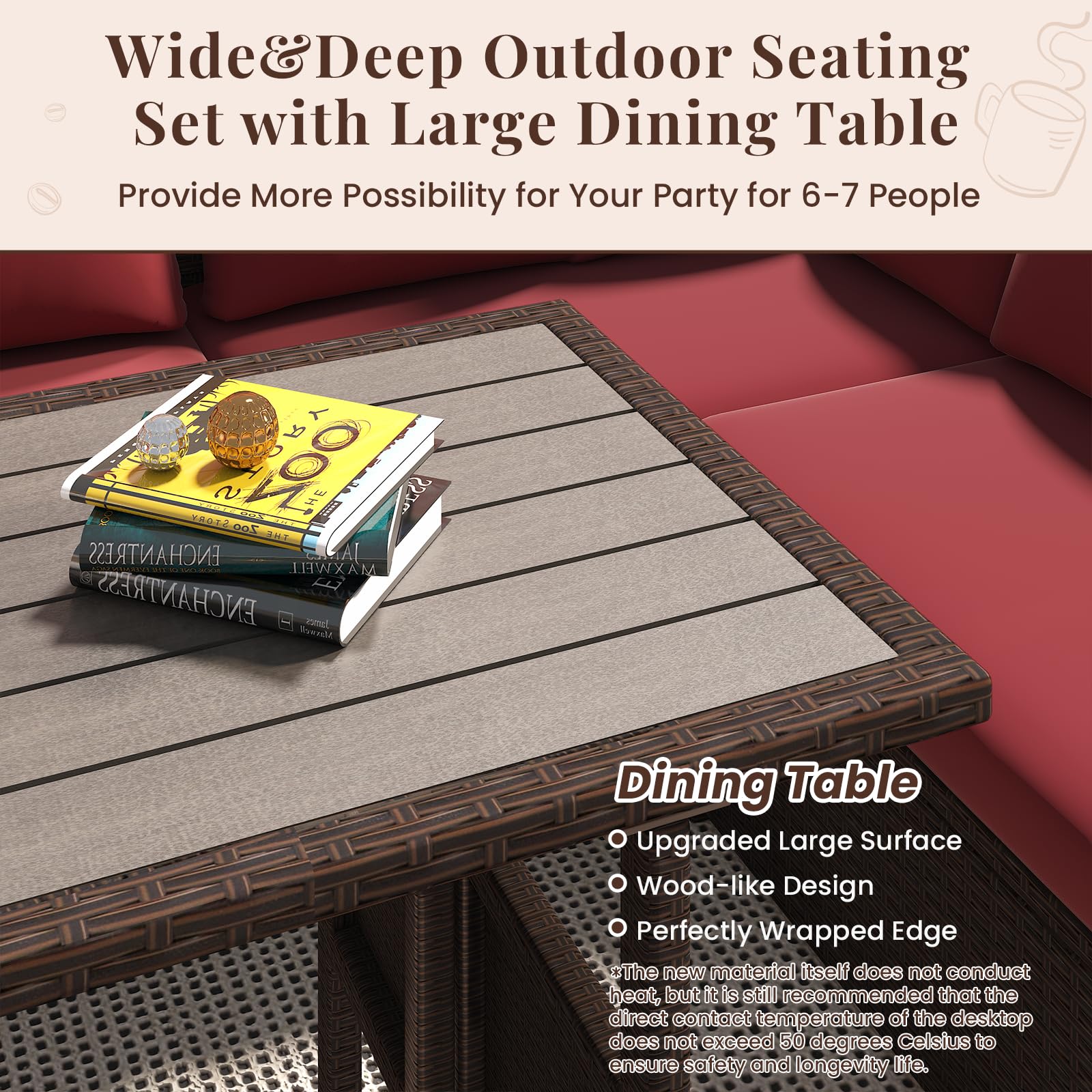 YODOLLA 7 Pieces Outdoor Wicker Rattan Furniture Set, Brown & Wine Redbest