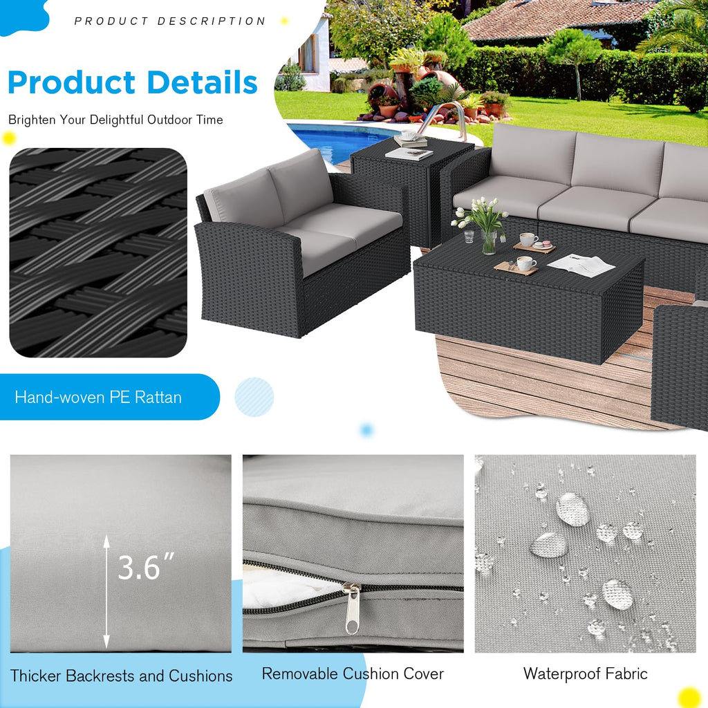 YODOLLA 7 PCS Outdoor Patio Furniture Sets with 2 Storage Boxes, Black & Grey