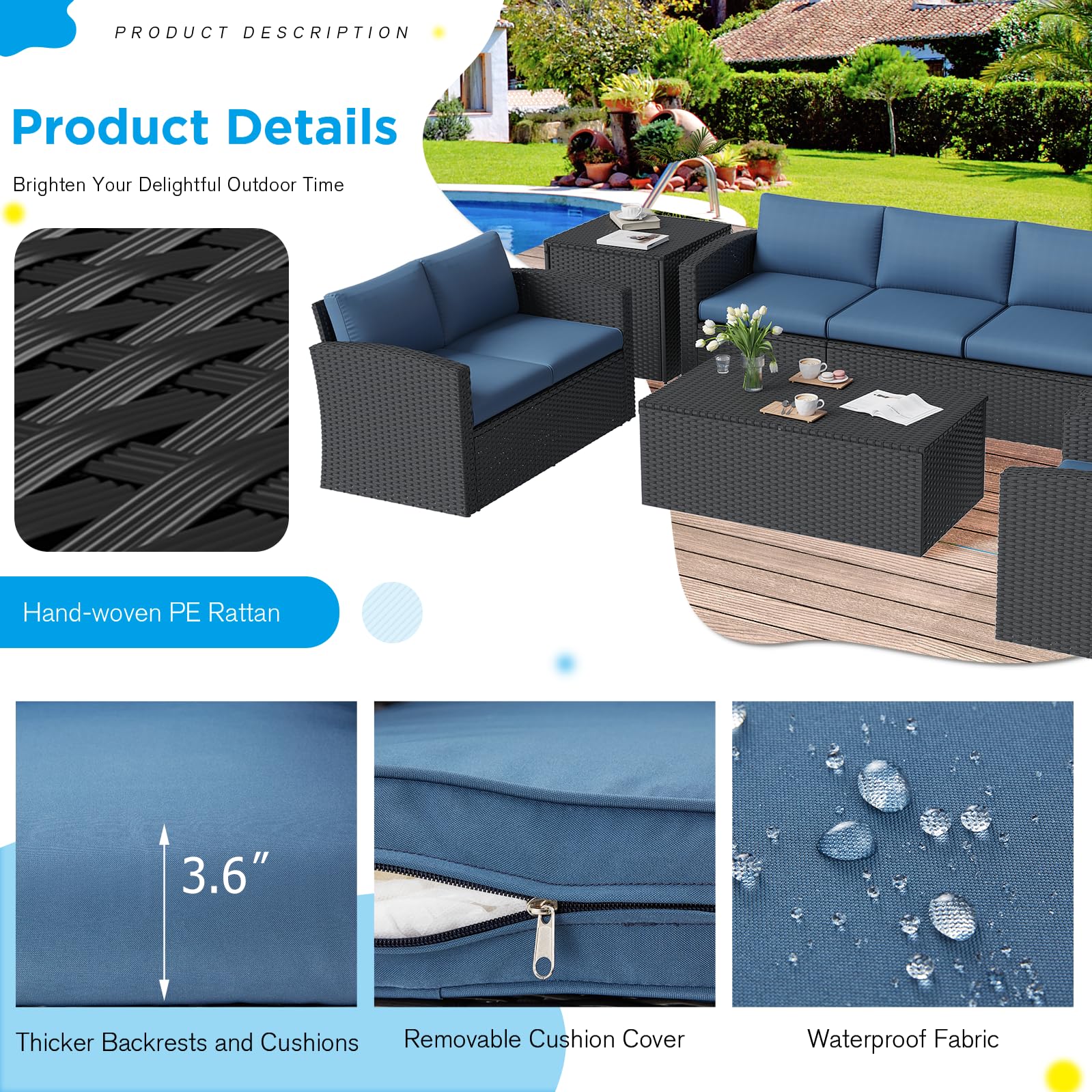 YODOLLA 7 PCS Outdoor Patio Furniture Sets with 2 Storage Boxes, Black & Dark Blue