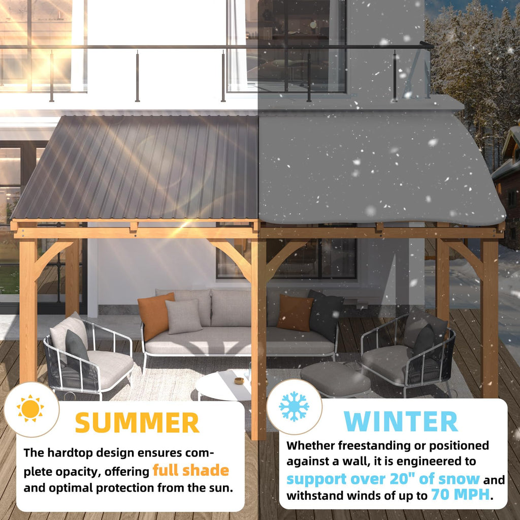 YODOLLA 14' x 10' Outdoor Wood Ceder Gazebo Lean to Hardtop Pergolas