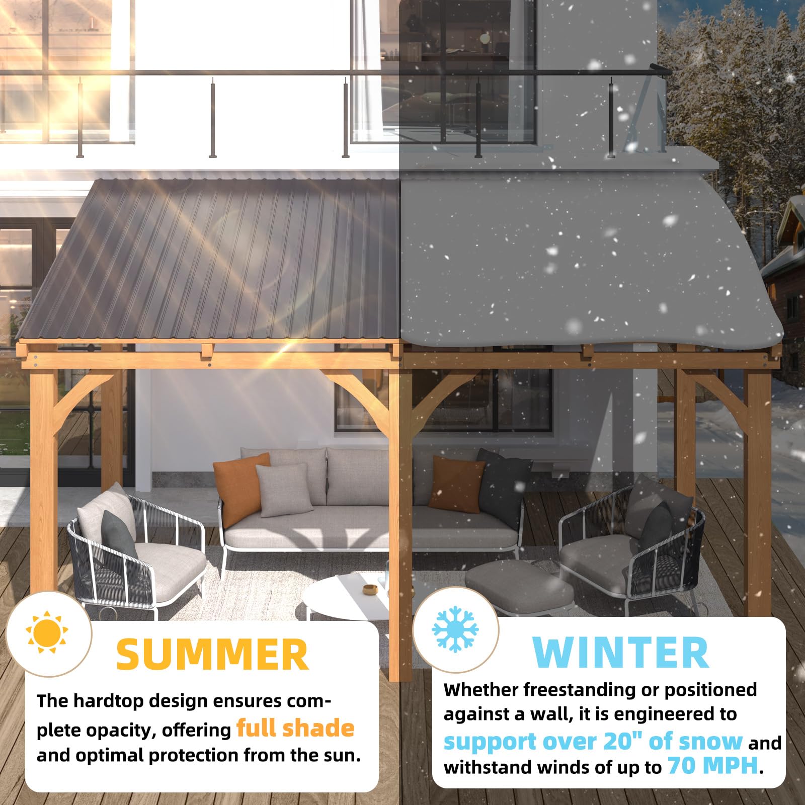 YODOLLA 14' x 10' Outdoor Wood Ceder Gazebo Lean to Hardtop Pergolas