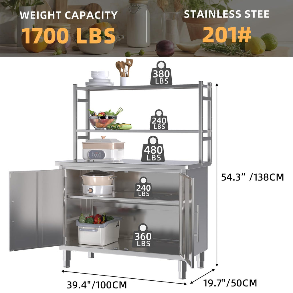 YODOLLA 40"x20" Stainless Steel Table with Cabinet