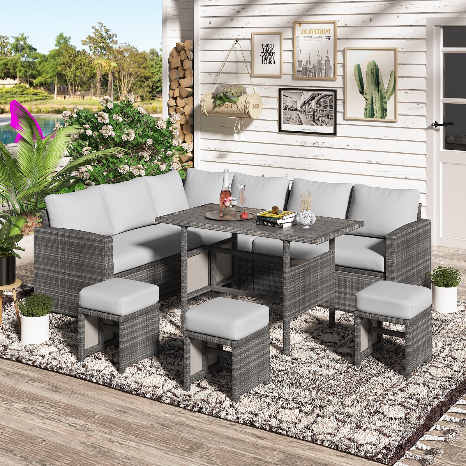 YODOLLA 7 Pieces Outdoor Wicker Rattan Dining Sofa Set, Light Grey