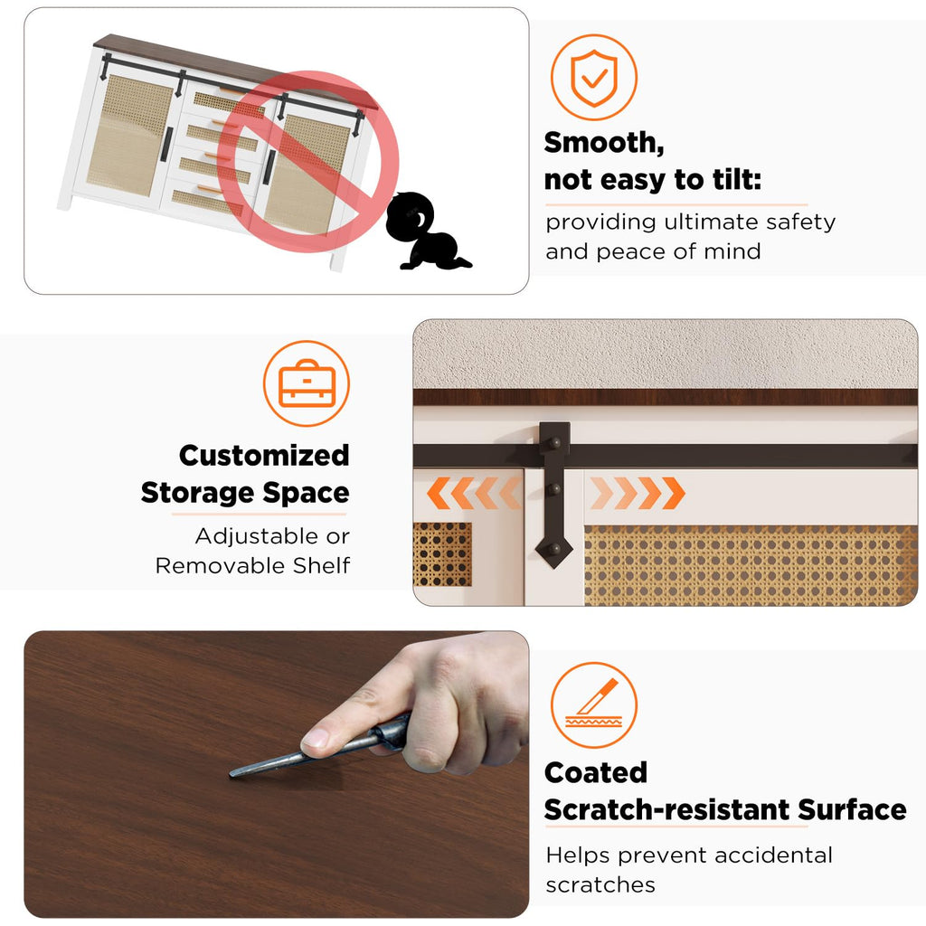 YODOLLA Farmhouse Sideboard Buffet Cabinet with Storage, Rattan Kitchen Cabinet w/Sliding Barn Doors & 4 Drawers