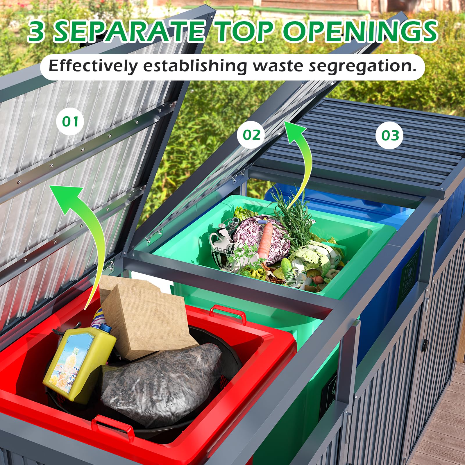 YODOLLA 73 Cu.Ft Outdoor Trash Can Storage Shed for 3 Garbage Cans