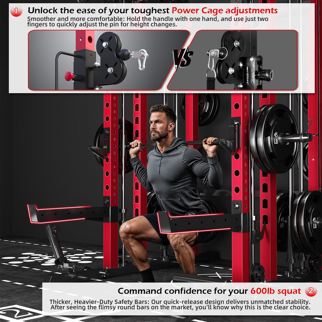 YODOLLA Smith Machine Power Squat Rack Cage, 2000lbs All in One Dual Cable Crossover Machine