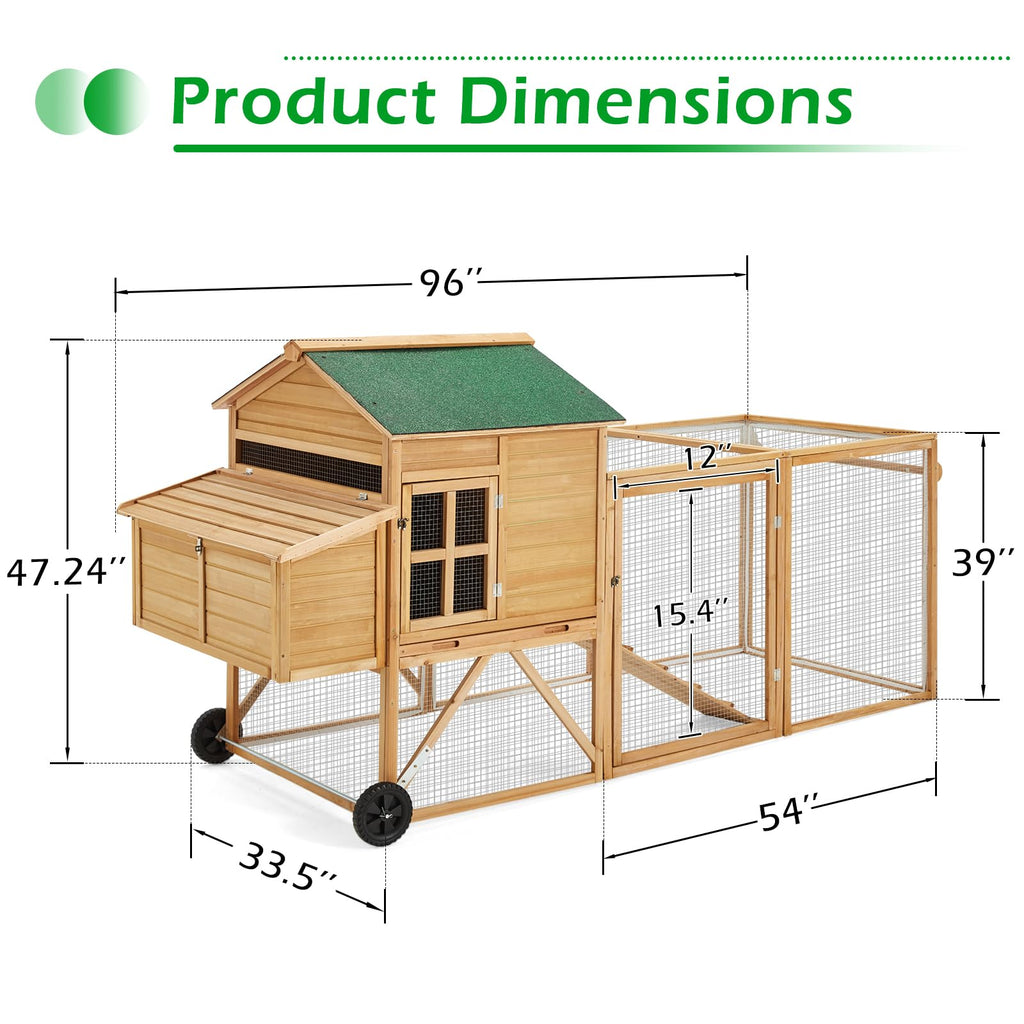YODOLLA  96" Chicken Coop with Wheels, Large Outdoor Wooden Chicken Coop Chicken Run Pet Hutch Hen House with Run,Nesting Boxes, Ramps, Easy-Cleaning Tray for 6 Chickensbest