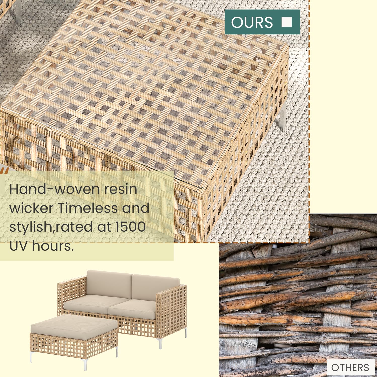 YODOLLA Outdoor Wicker Patio Furniture Sofa, Loveseat+Ottoman