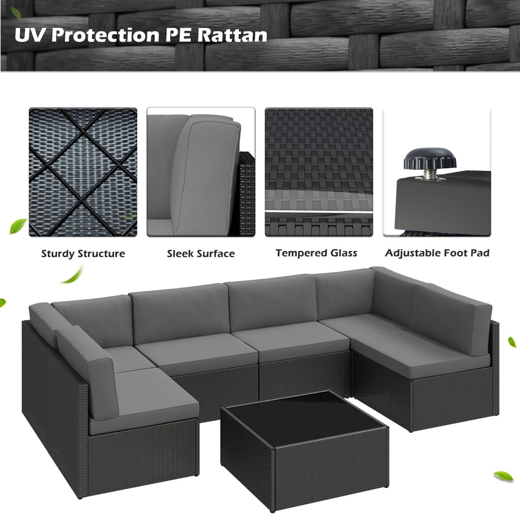 YODOLLA 7 Piece Outdoor Patio Furniture Set with 30 Inch Fire Pit Table, Black Rattan Dark Grey Cushion