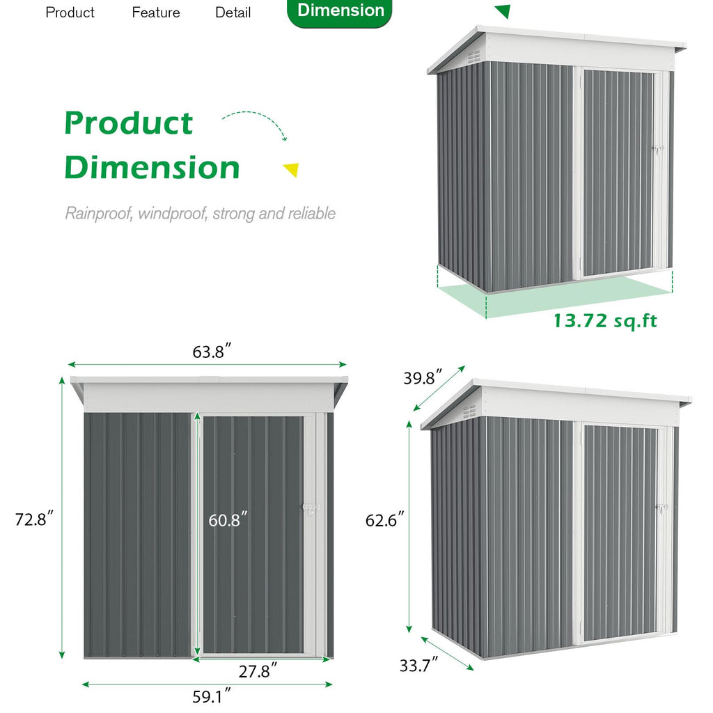 YODOLLA 5'x3' Outdoor Storage Shed, Dark Gray