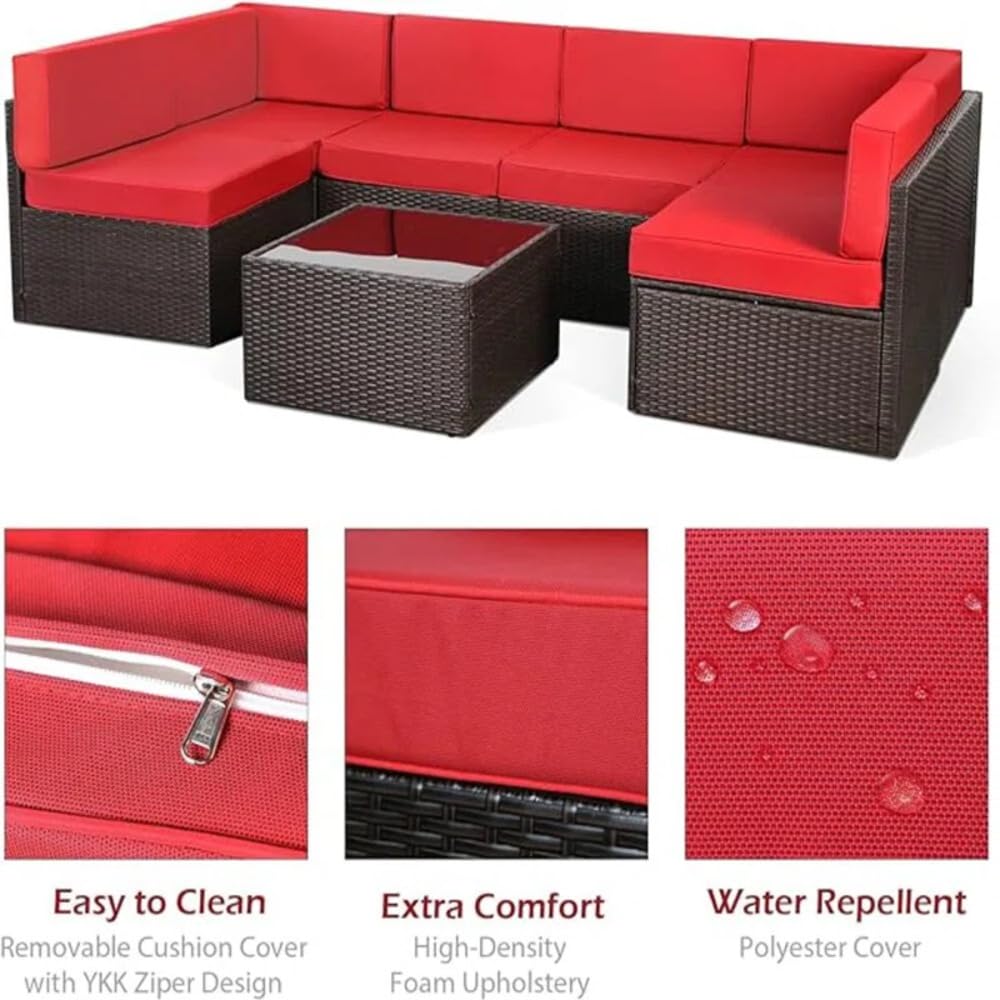 YODOLLA 7 Piece Outdoor Patio Furniture Set with 30 Inch Fire Pit Table, Brown Rattan Red Cushion