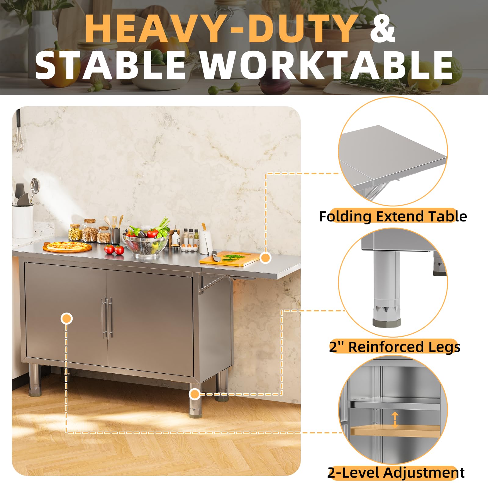 YODOLLA 57"x19.7" Stainless Steel Work Table Kitchen Cabinets with Extend Panel & Adjustable Shelf