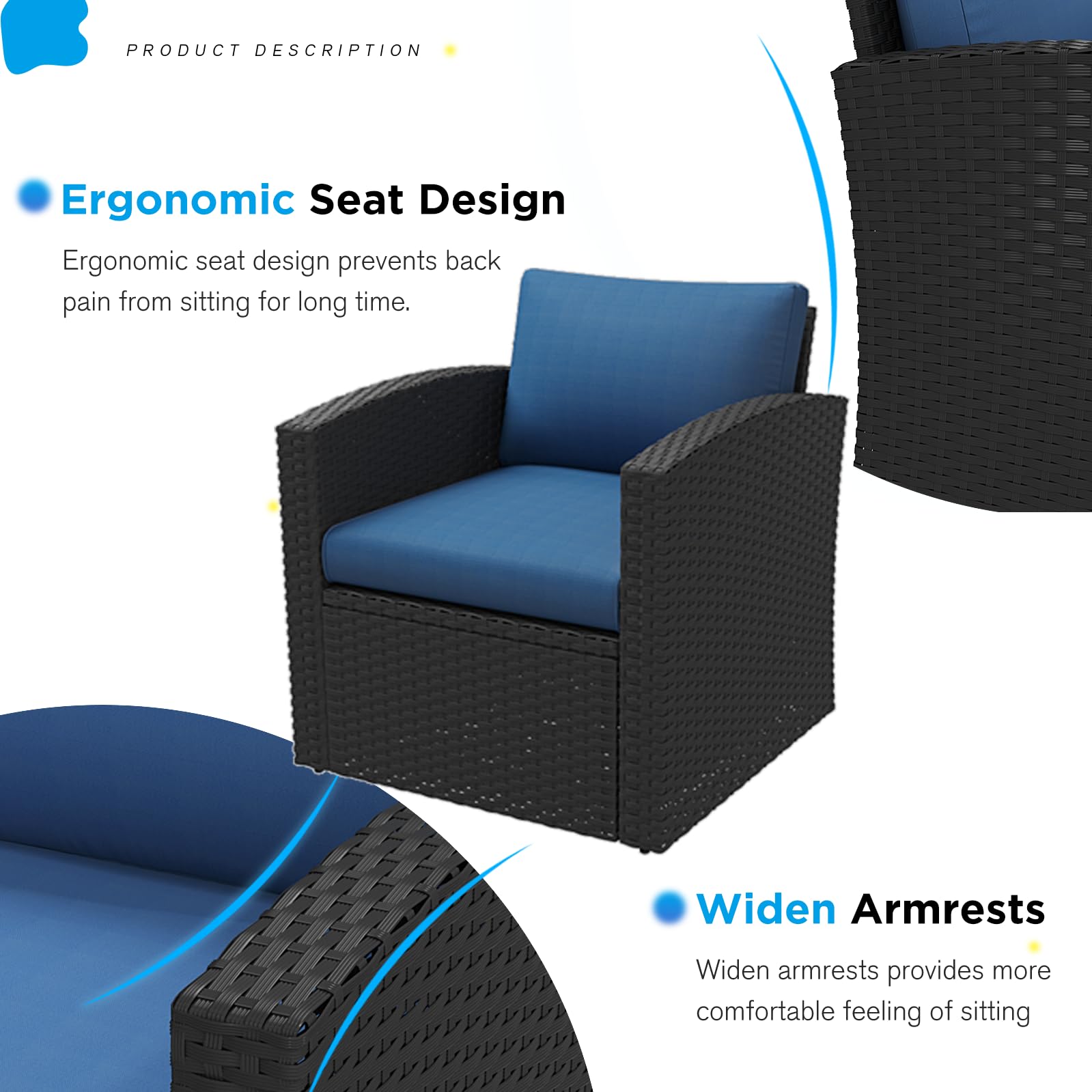 YODOLLA 7 PCS Outdoor Patio Furniture Sets with 2 Storage Boxes, Black & Dark Blue