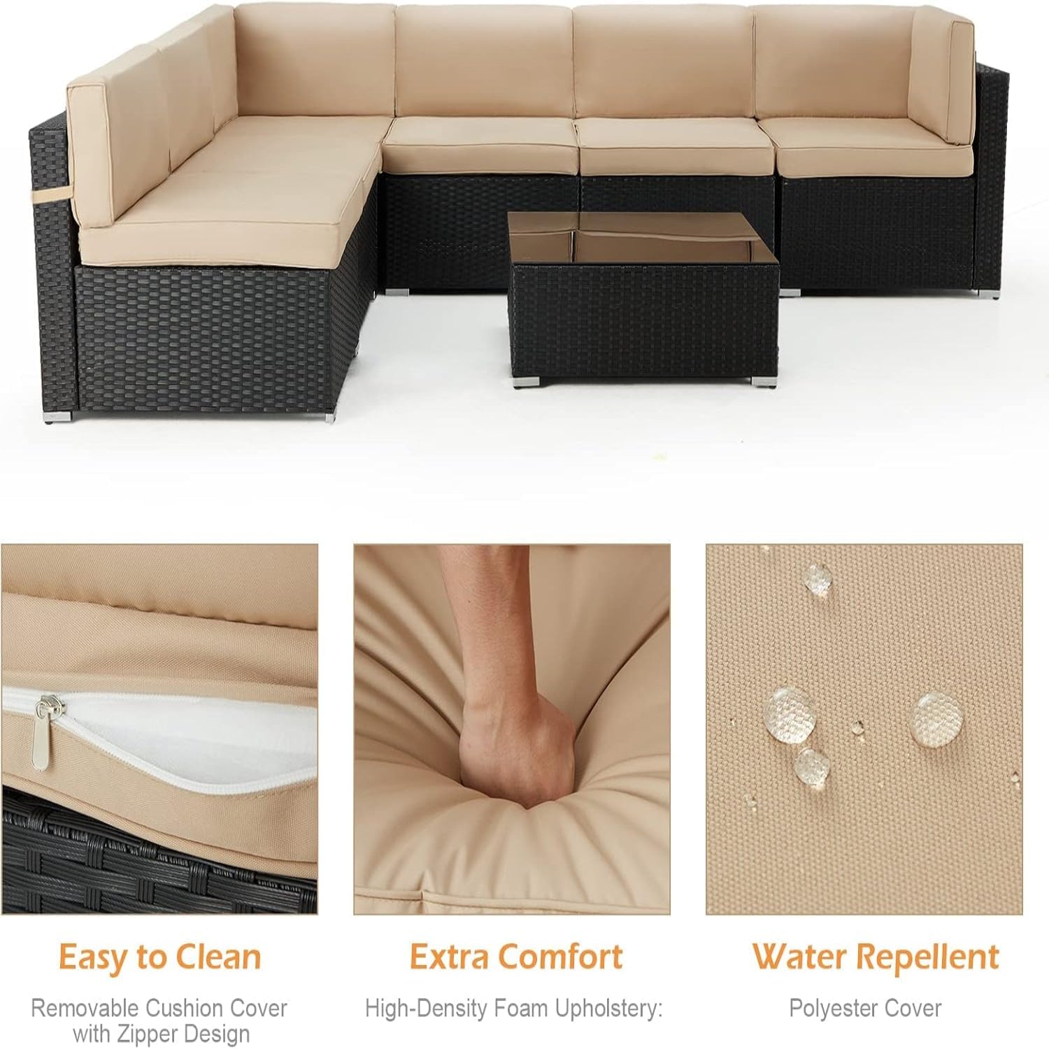 YODOLLA 7 Piece Outdoor Patio Furniture Set, Black & Beige