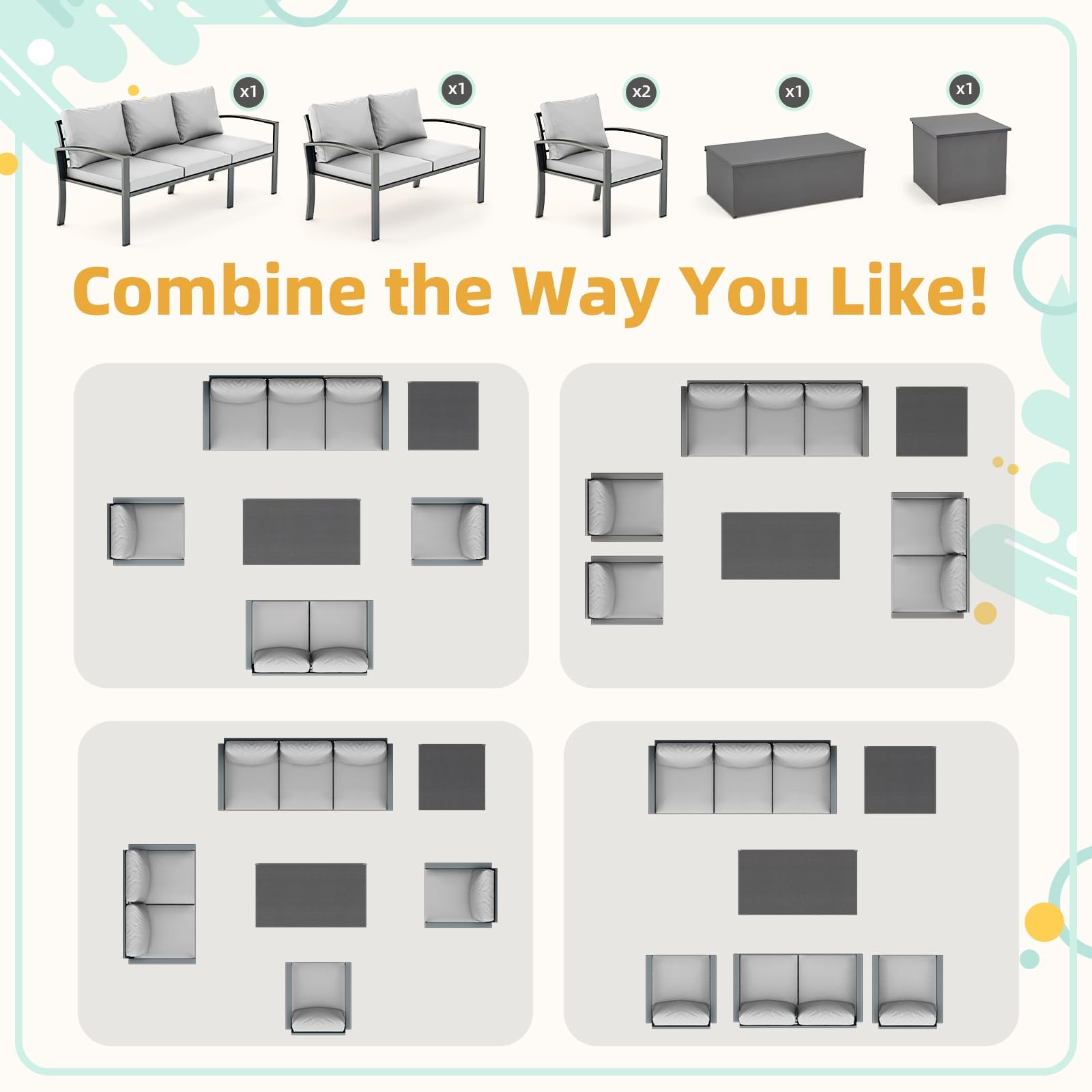 YODOLLA 6 Pieces Metal Patio Furniture Set, Light Gray