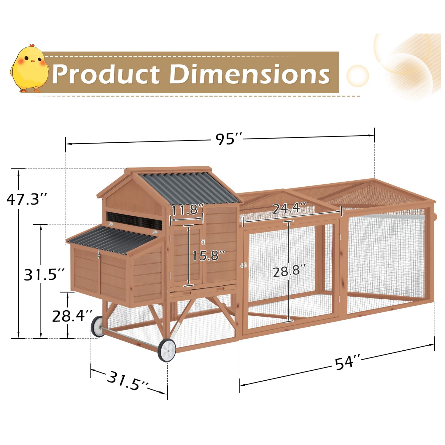 YODOLLA 95" Wooden Chicken Coop with Wheels Chicken Hutch Tractor, Brown