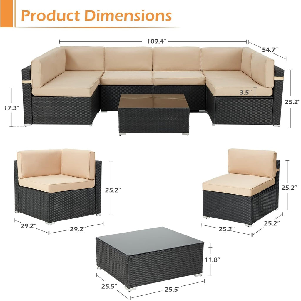 YODOLLA 7 Piece Outdoor Patio Furniture Set, Black & Beige