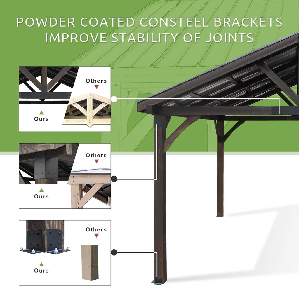 YODOLLA 14'x12' Wooden Gazebo on Clearance, Pergolas with  Arlington Polycarbonate Pyramid Hip Roof, Dark Brown Roof