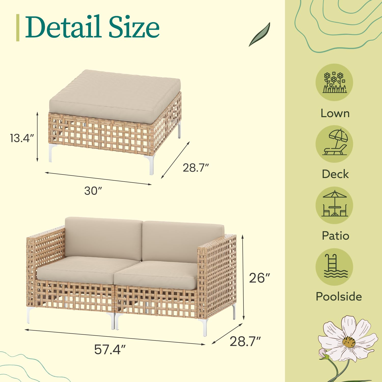 YODOLLA Outdoor Wicker Patio Furniture Sofa, Loveseat+Ottoman