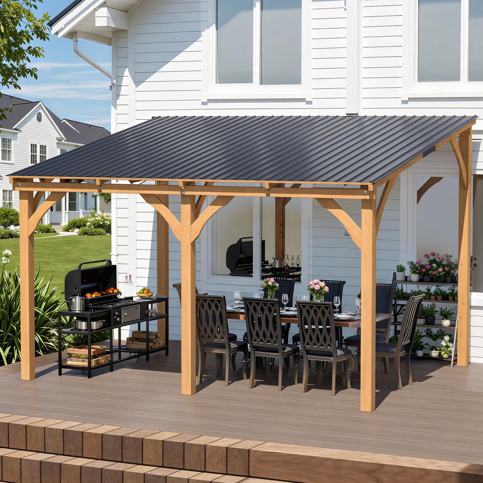 YODOLLA 12' x 10' Outdoor Wood Ceder Gazebo Lean to Hardtop Pergolasbest