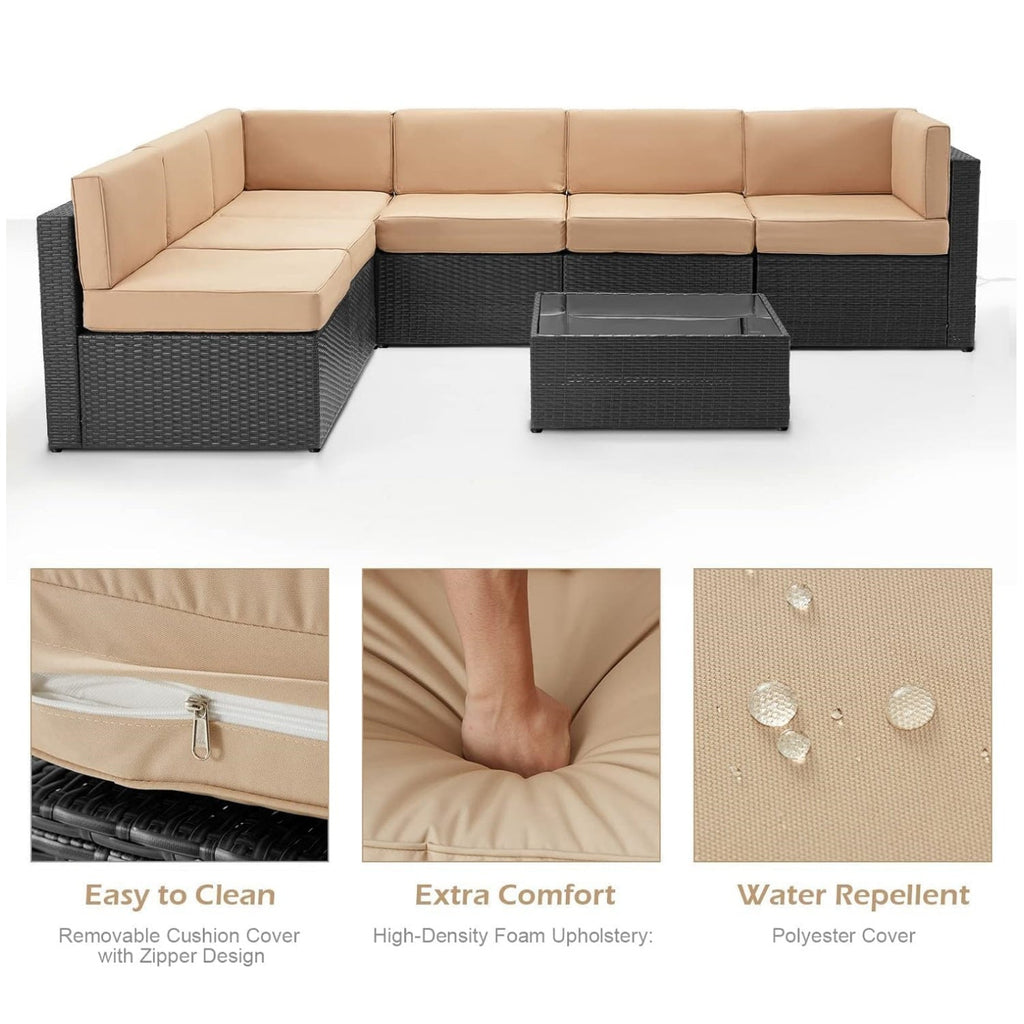 YODOLLA 7 Piece Outdoor Patio Furniture Set with Extra 43 Inch Fire Pit Table, Black Rattan & Beige Cushion