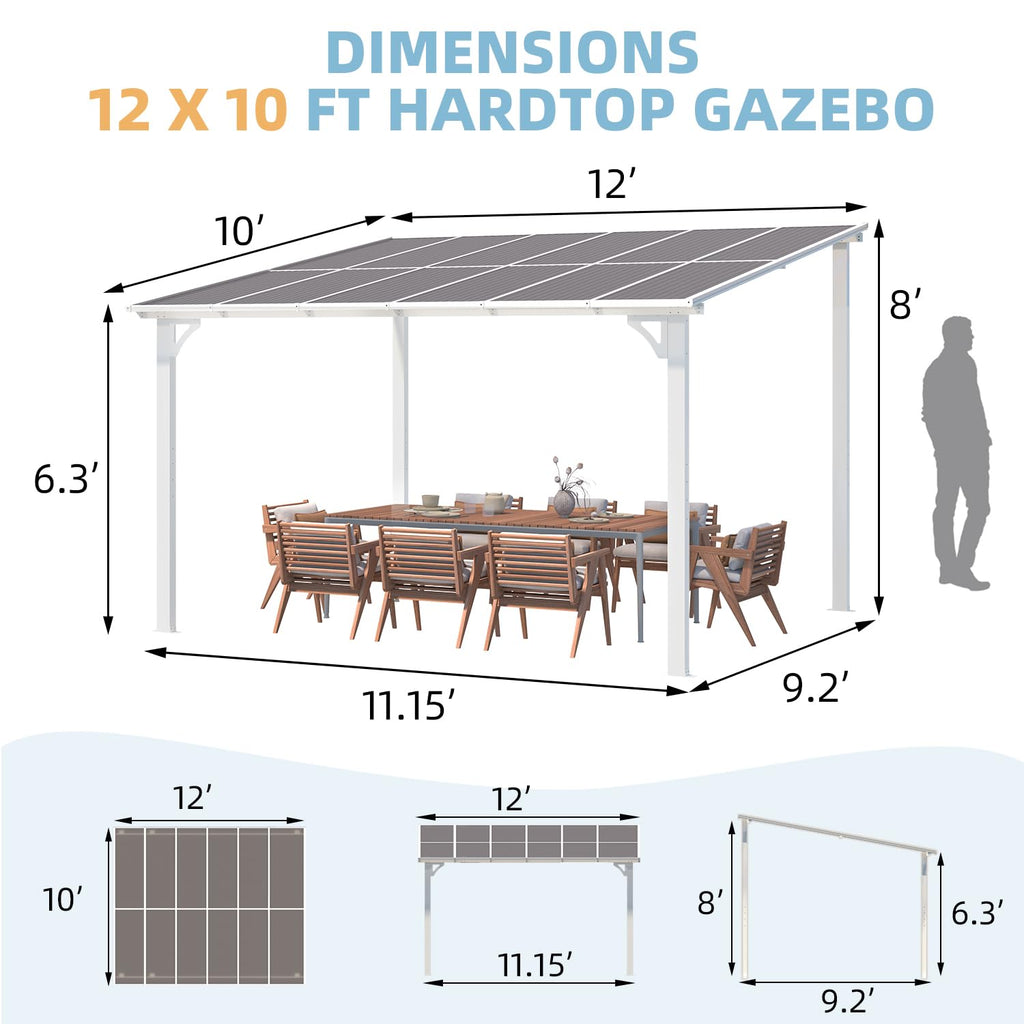 YODOLLA 12’ x 10’ Hard Top Lean to Gazebos Pergola, White