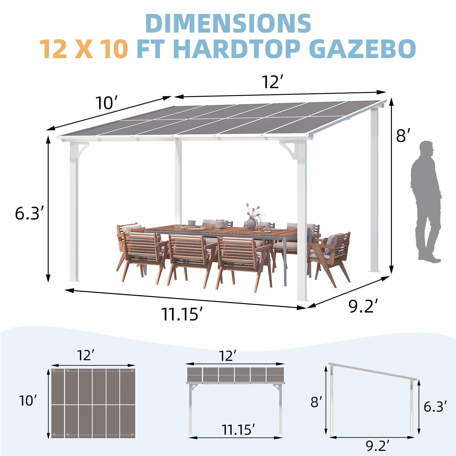 YODOLLA 12’ x 10’ Hard Top Lean to Gazebos Pergola, White