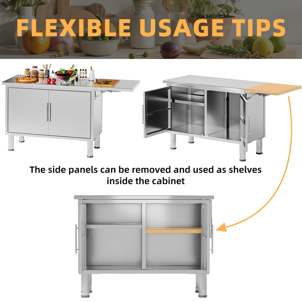 YODOLLA 57"x19.7" Stainless Steel Work Table Kitchen Cabinets with Extend Panel & Adjustable Shelf