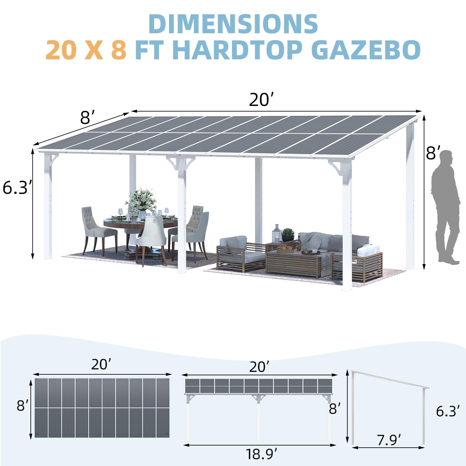 YODOLLA 20'x8' Wall Mounted Gazebos Pergola, White