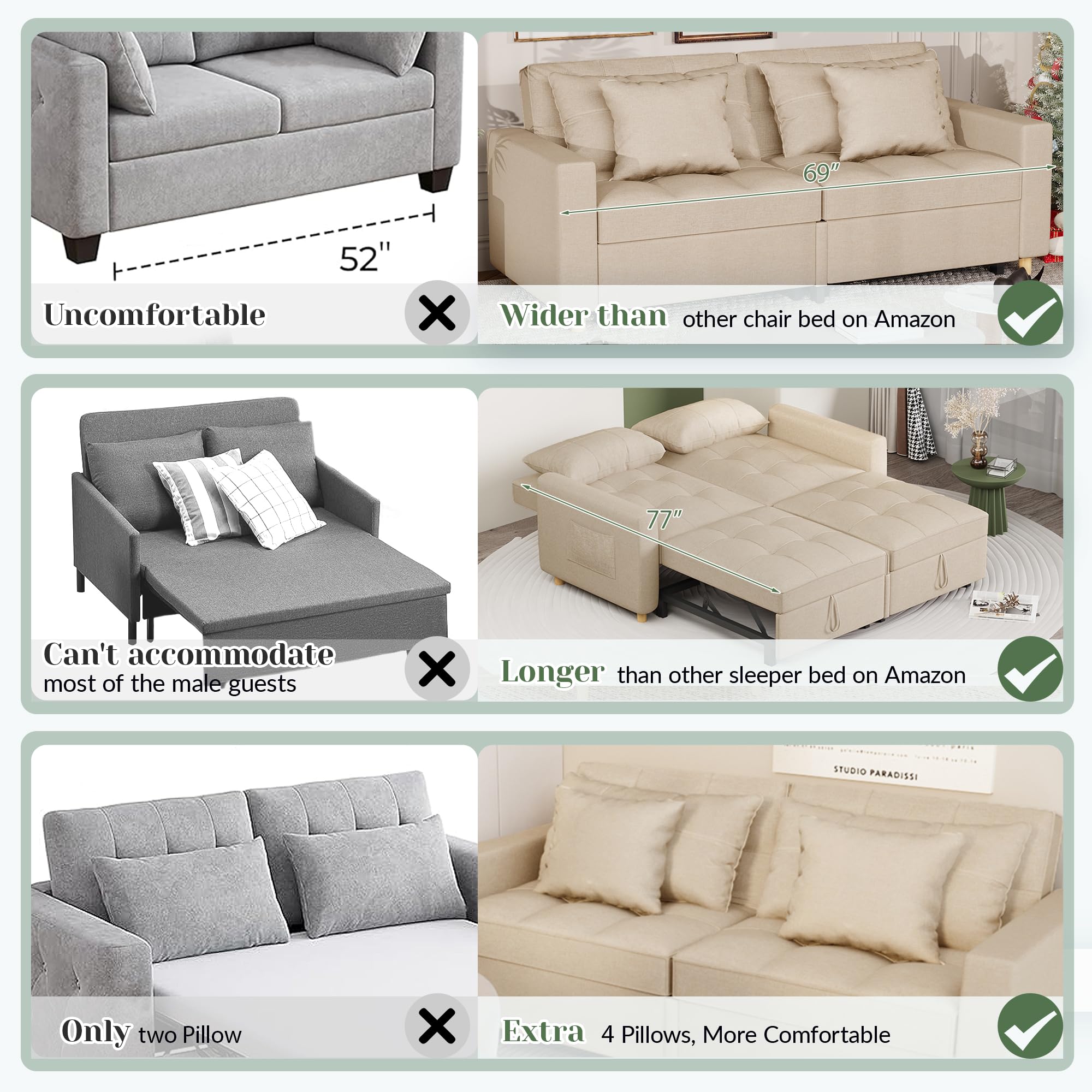 YODOLLA Comfortable 3-1 Convertible Sofa Bed,Beige