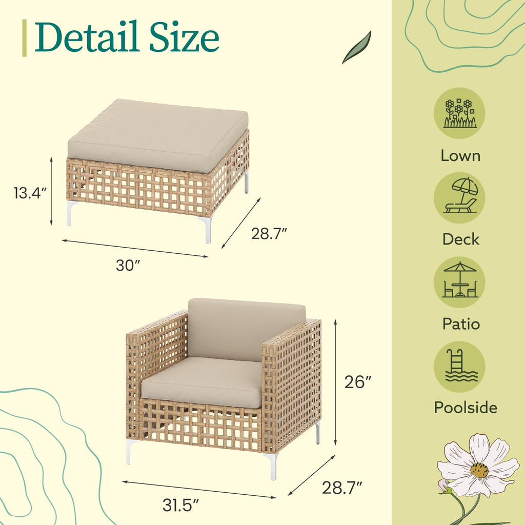 YODOLLA Outdoor Wicker Patio Furniture Sofa, Single Chair+Ottoman
