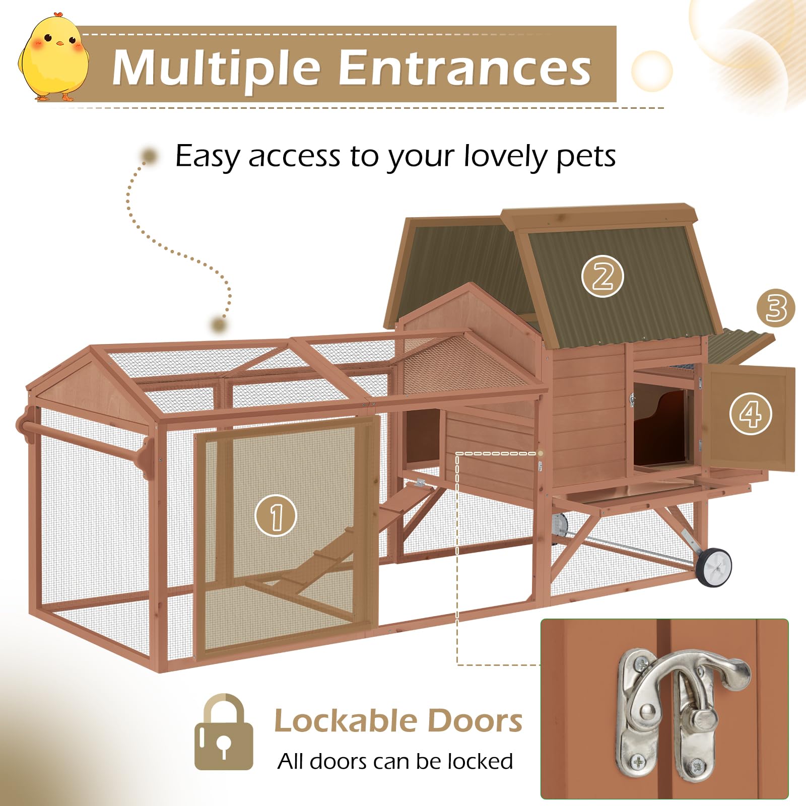 YODOLLA 95" Wooden Chicken Coop with Wheels Chicken Hutch Tractor, Brown