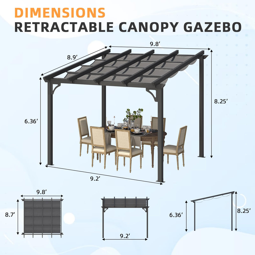 YODOLLA 10' x 8' Gazebo for Patio, Retractable Pergola with Adjustable Sun Shade Canopy Roof