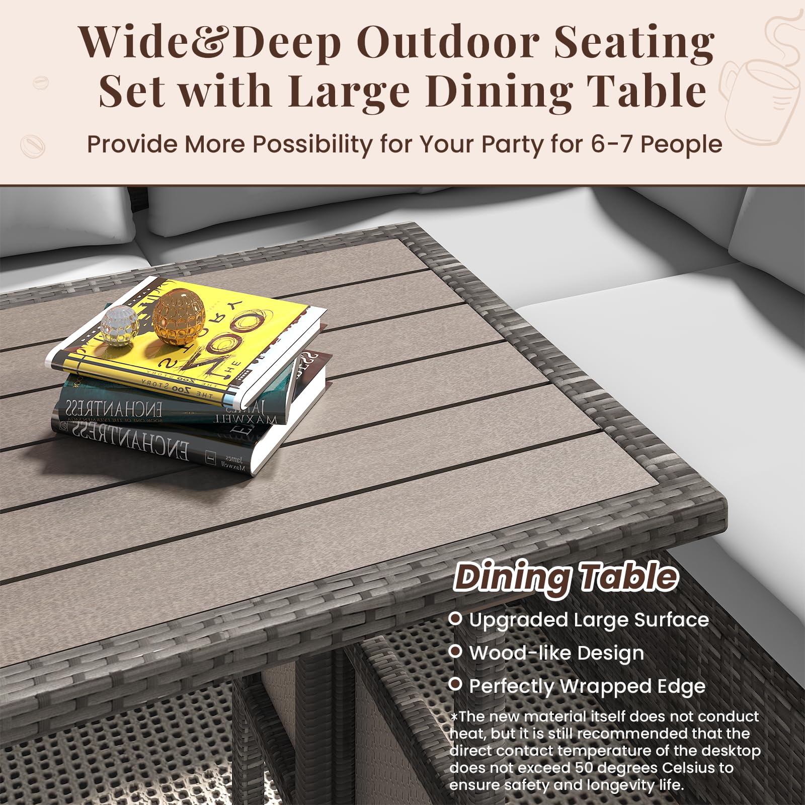 YODOLLA 7 Pieces Outdoor Wicker Rattan Dining Sofa Set, Light Grey