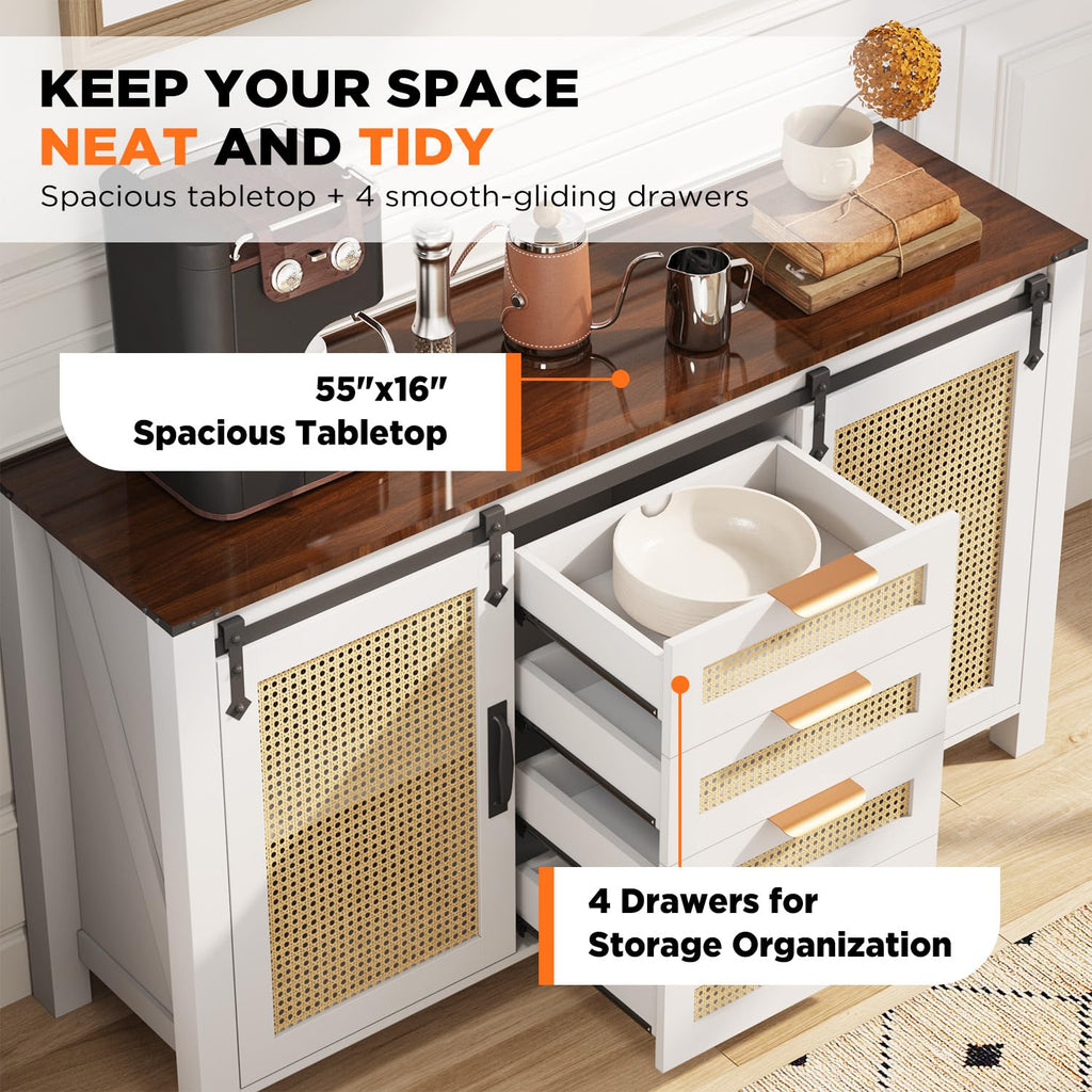 YODOLLA Farmhouse Sideboard Buffet Cabinet with Storage, Rattan Kitchen Cabinet w/Sliding Barn Doors & 4 Drawers