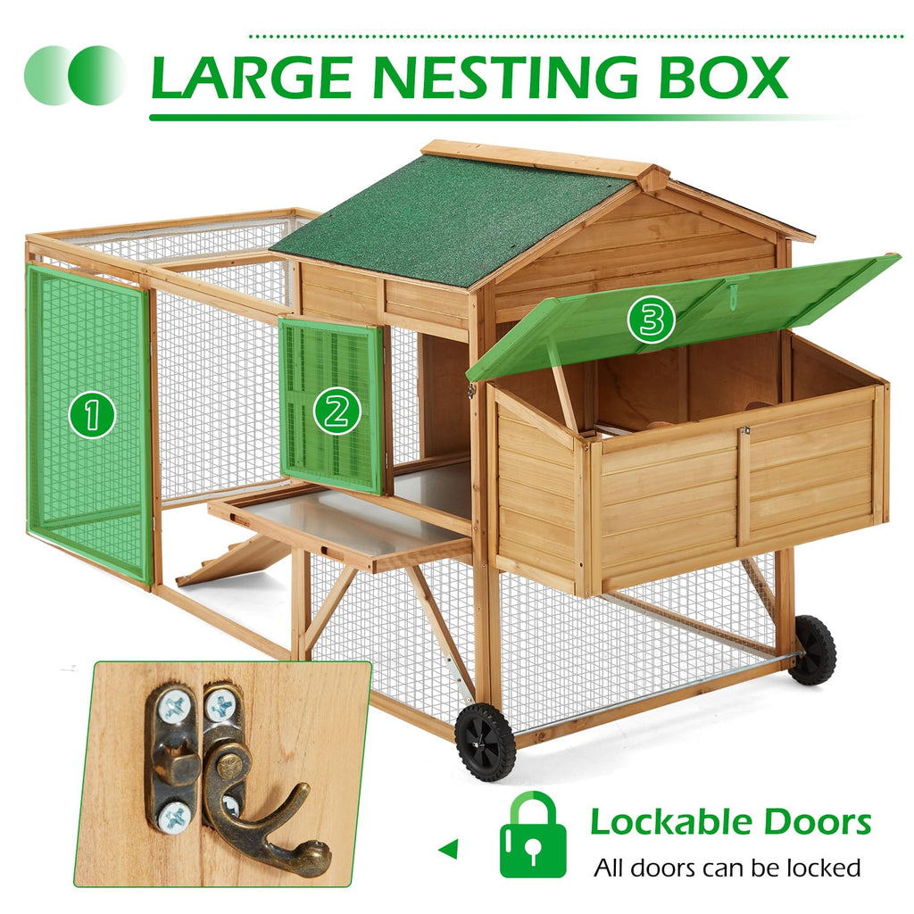 YODOLLA  96" Chicken Coop with Wheels, Large Outdoor Wooden Chicken Coop Chicken Run Pet Hutch Hen House with Run,Nesting Boxes, Ramps, Easy-Cleaning Tray for 6 Chickensbest