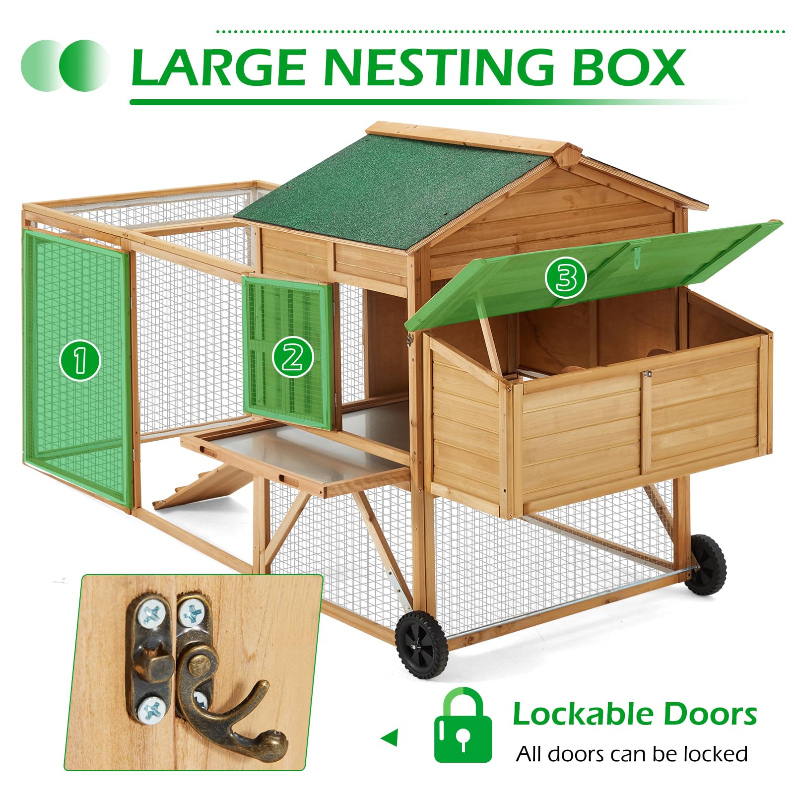YODOLLA  96" Chicken Coop with Wheels, Large Outdoor Wooden Chicken Coop Chicken Run Pet Hutch Hen House with Run,Nesting Boxes, Ramps, Easy-Cleaning Tray for 6 Chickensbest