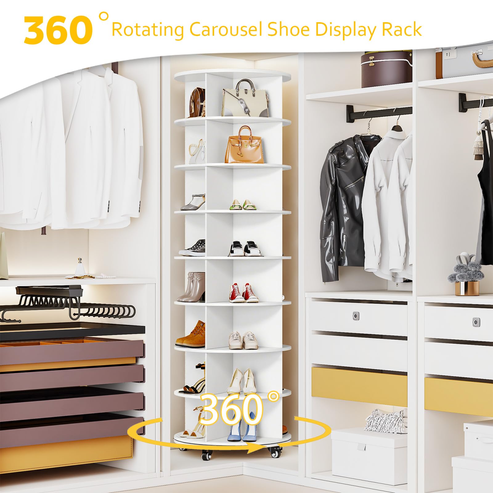 YODOLLA 8 Tier Rotating Shoe Rack Shoe Tower Organizer, Whitebest