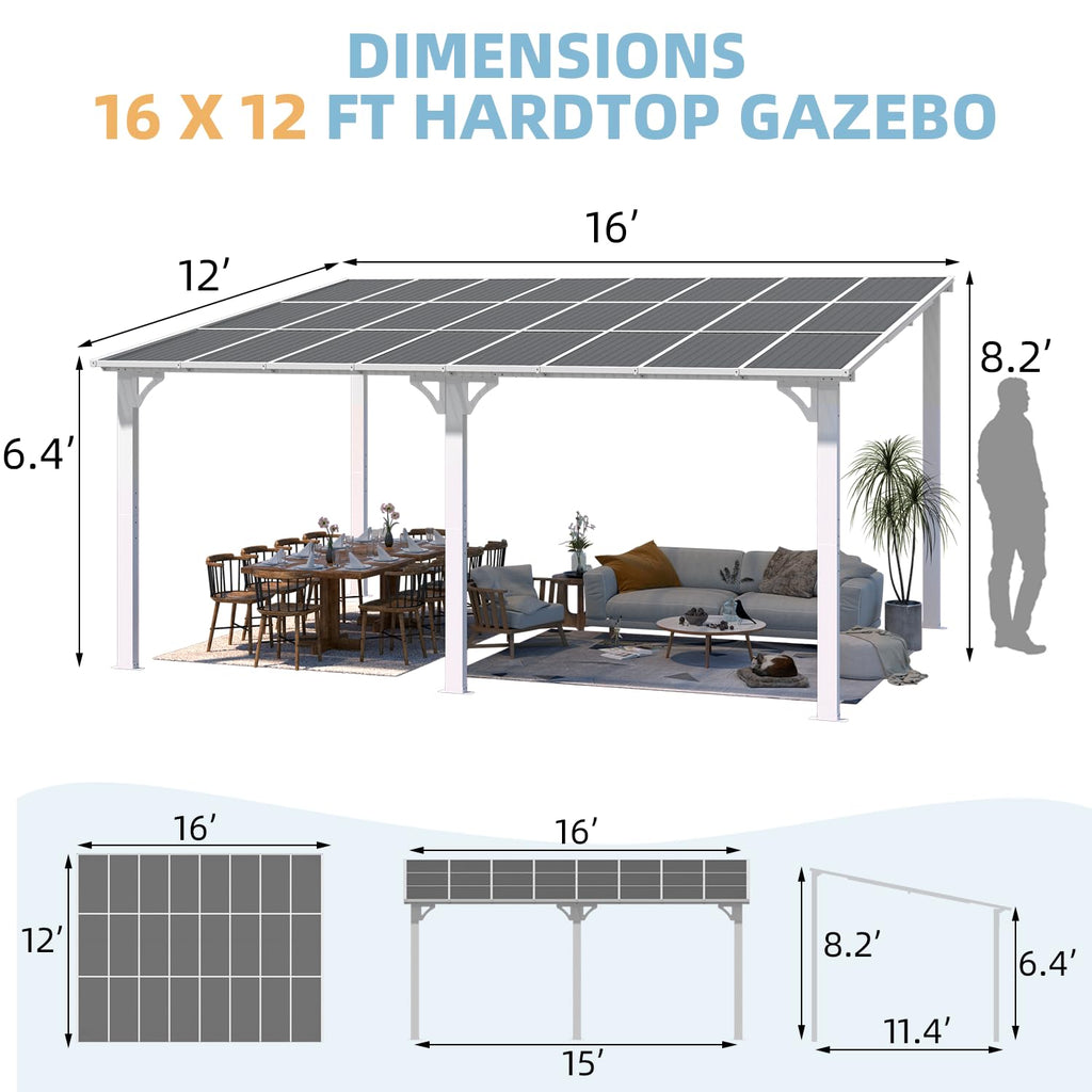 YODOLLA 16'x12' Wall Mounted Gazebos Pergola, White