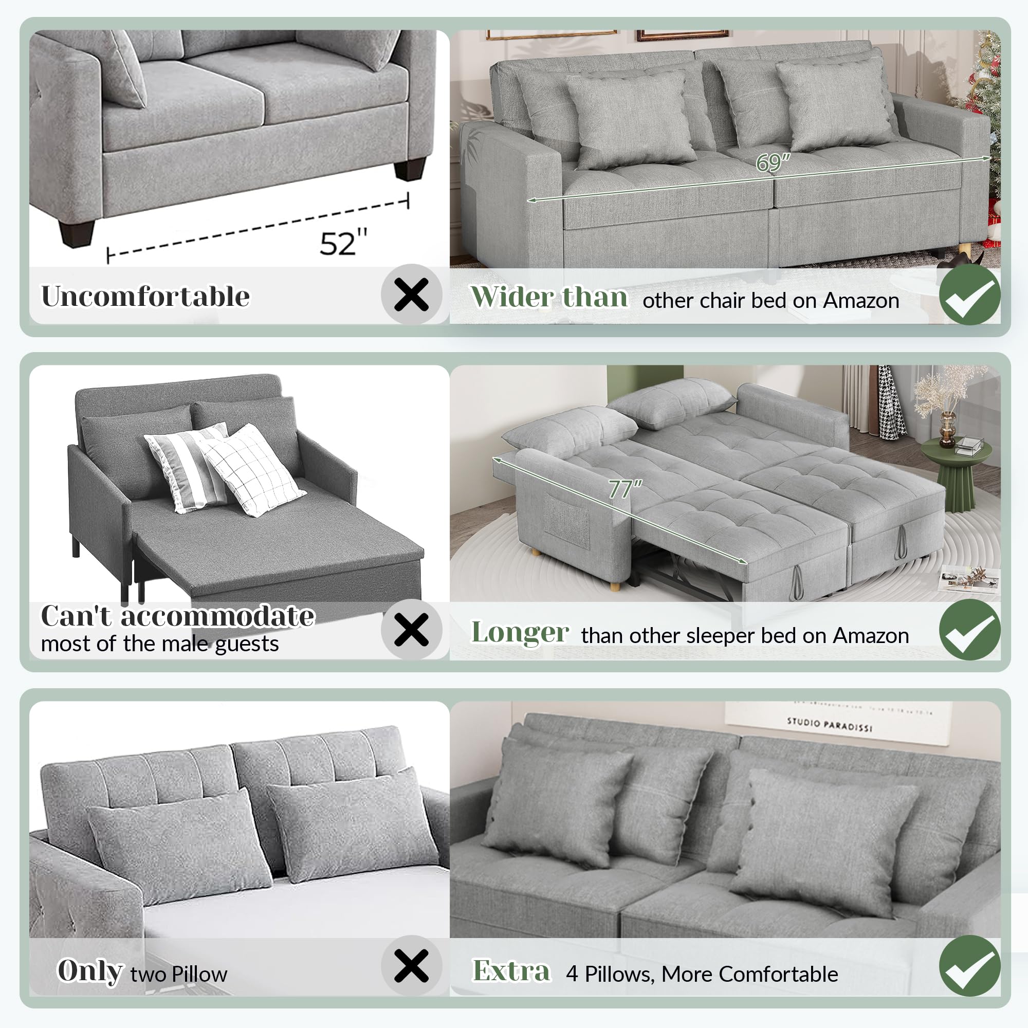 YODOLLA Comfortable 3-1 Convertible Sofa Bed, Gray