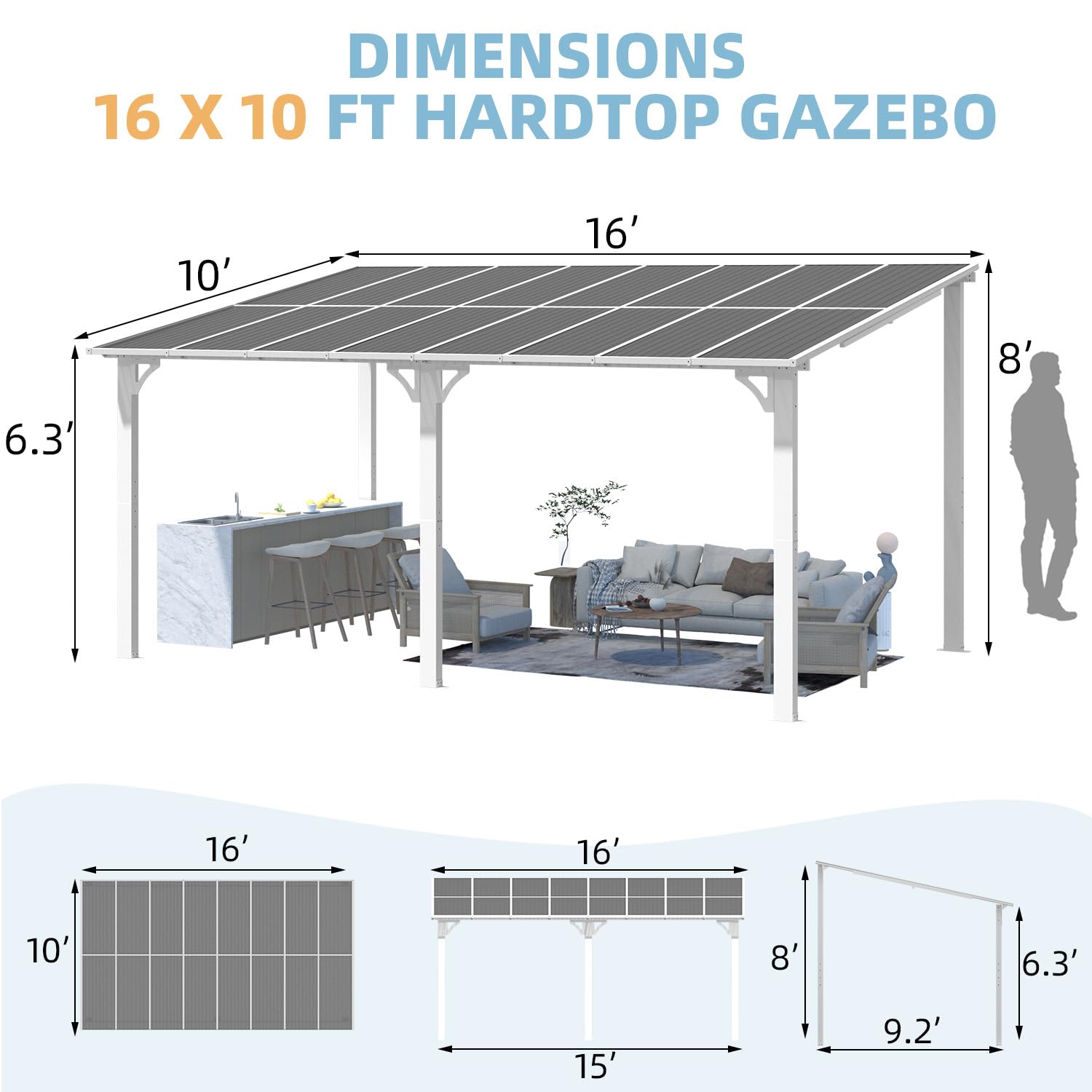 YODOLLA 16'x10' Wall Mounted Gazebos Pergola, White