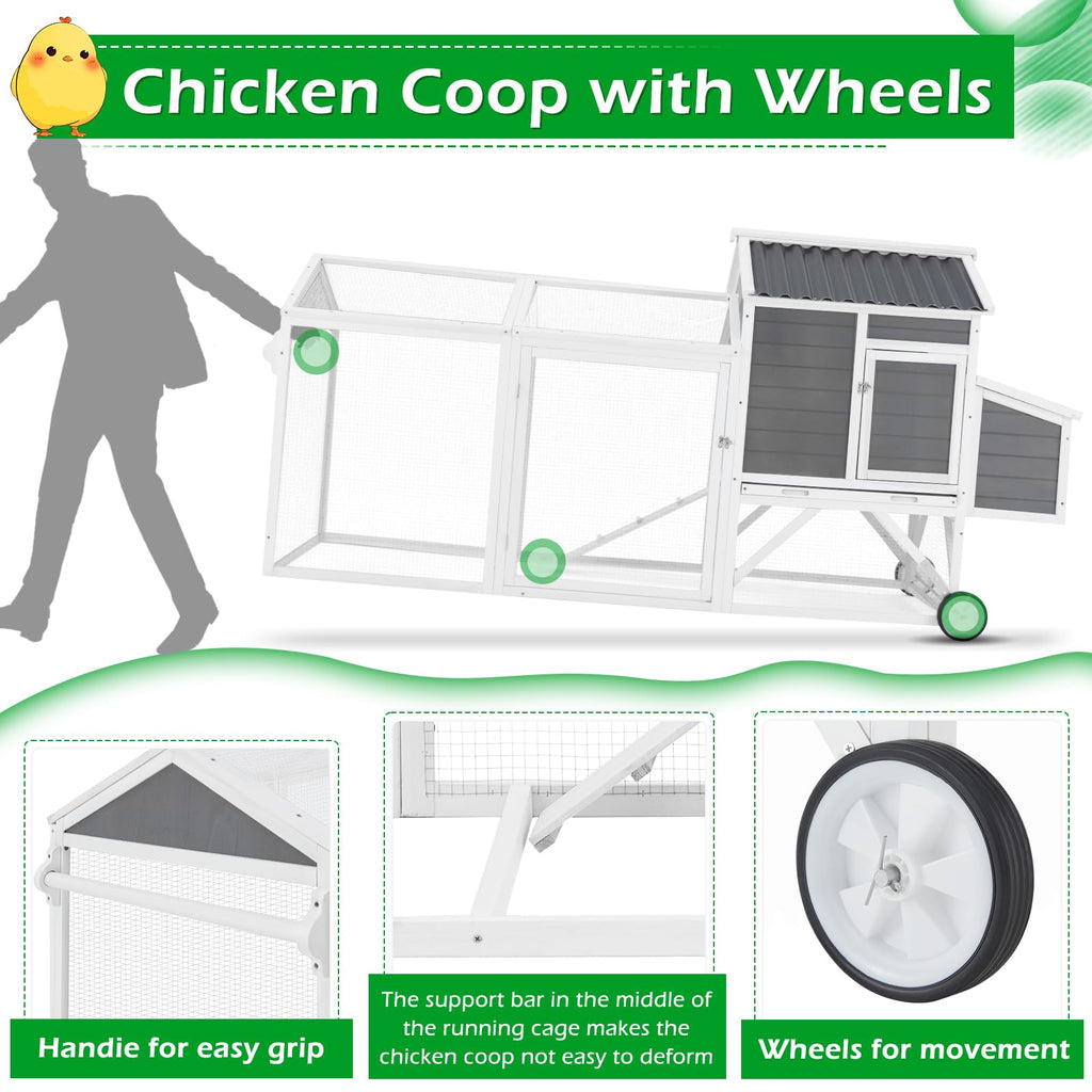 YODOLLA 95" Wooden Chicken Coop with Wheels Chicken Hutch Tractor, Graybest
