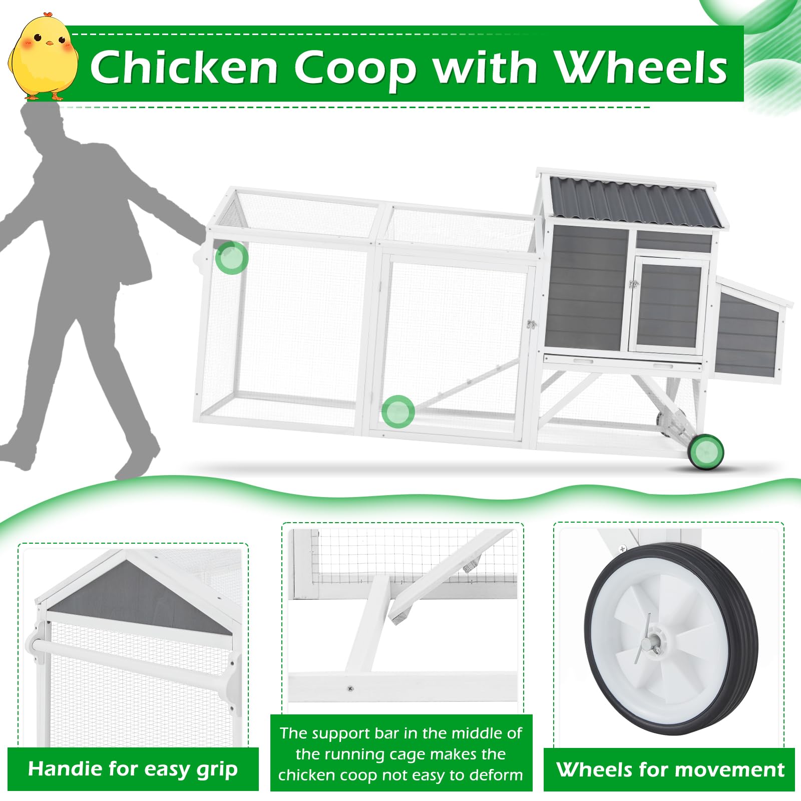 YODOLLA 95" Wooden Chicken Coop with Wheels Chicken Hutch Tractor, Graybest