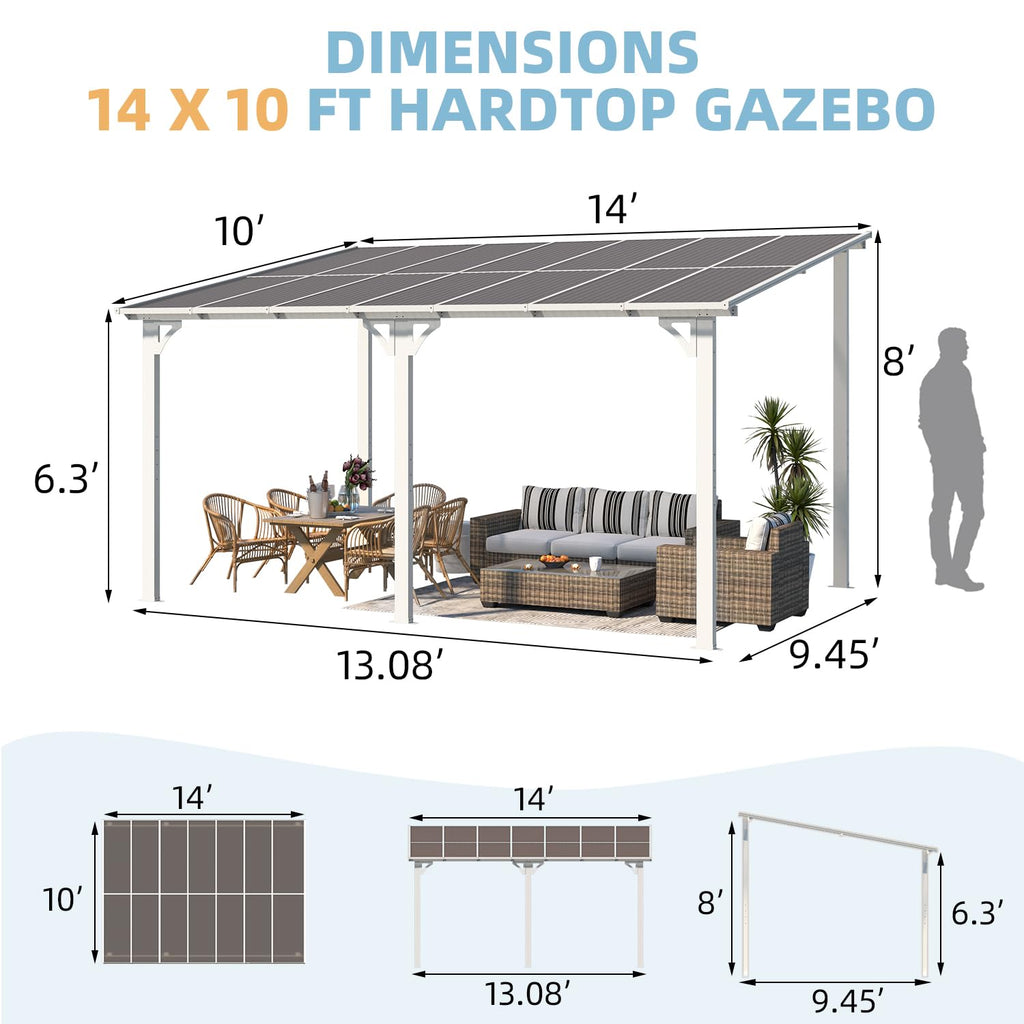 YODOLLA 14' x 10' Hard Top Lean to Gazebo for Patio, White