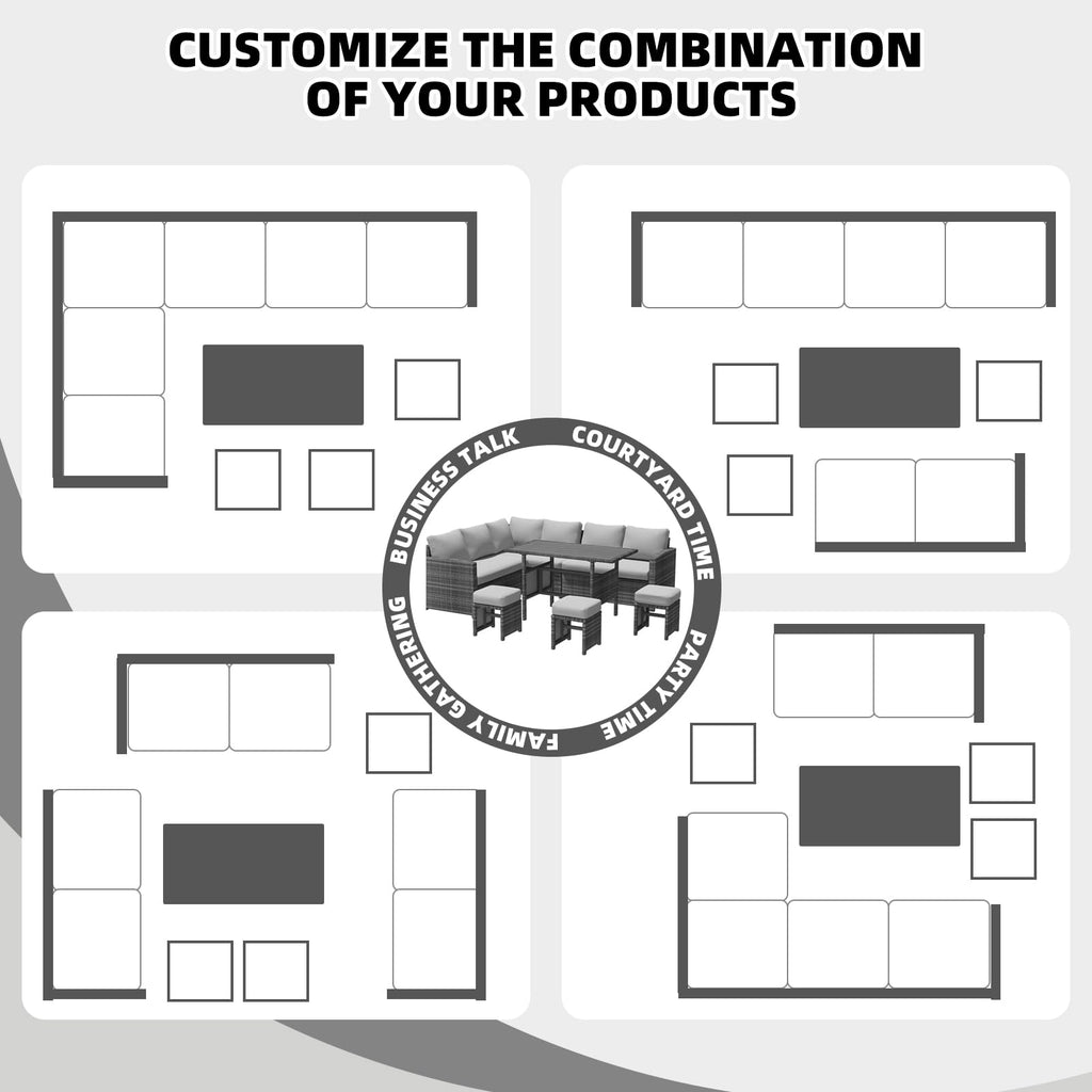 YODOLLA 7-Pc Patio Set, Grey Rattan & Grey Cushion