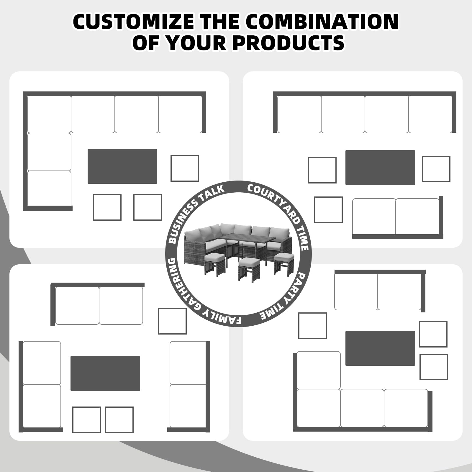 YODOLLA 7-Pc Patio Set, Grey Rattan & Grey Cushion