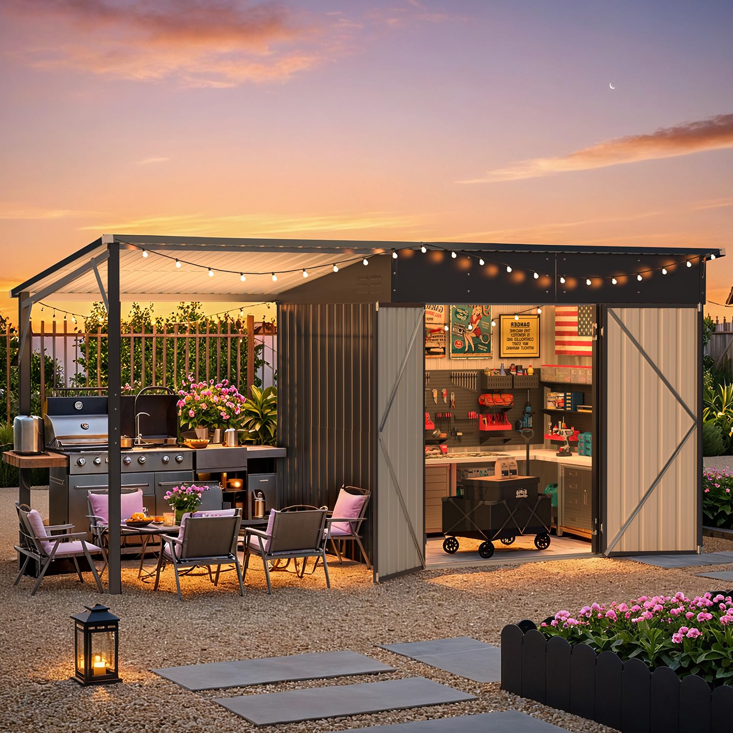 YODOLLA 14' x 5' Outdoor Open-Sided Metal Storage Shed